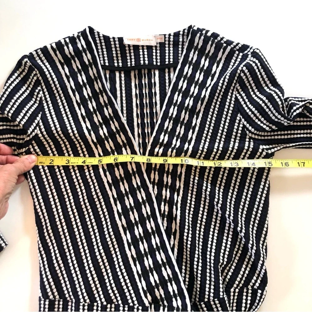 Tory Burch Jacquard Wrap Dress XS Navy Black White Stripe Long Sleeve
